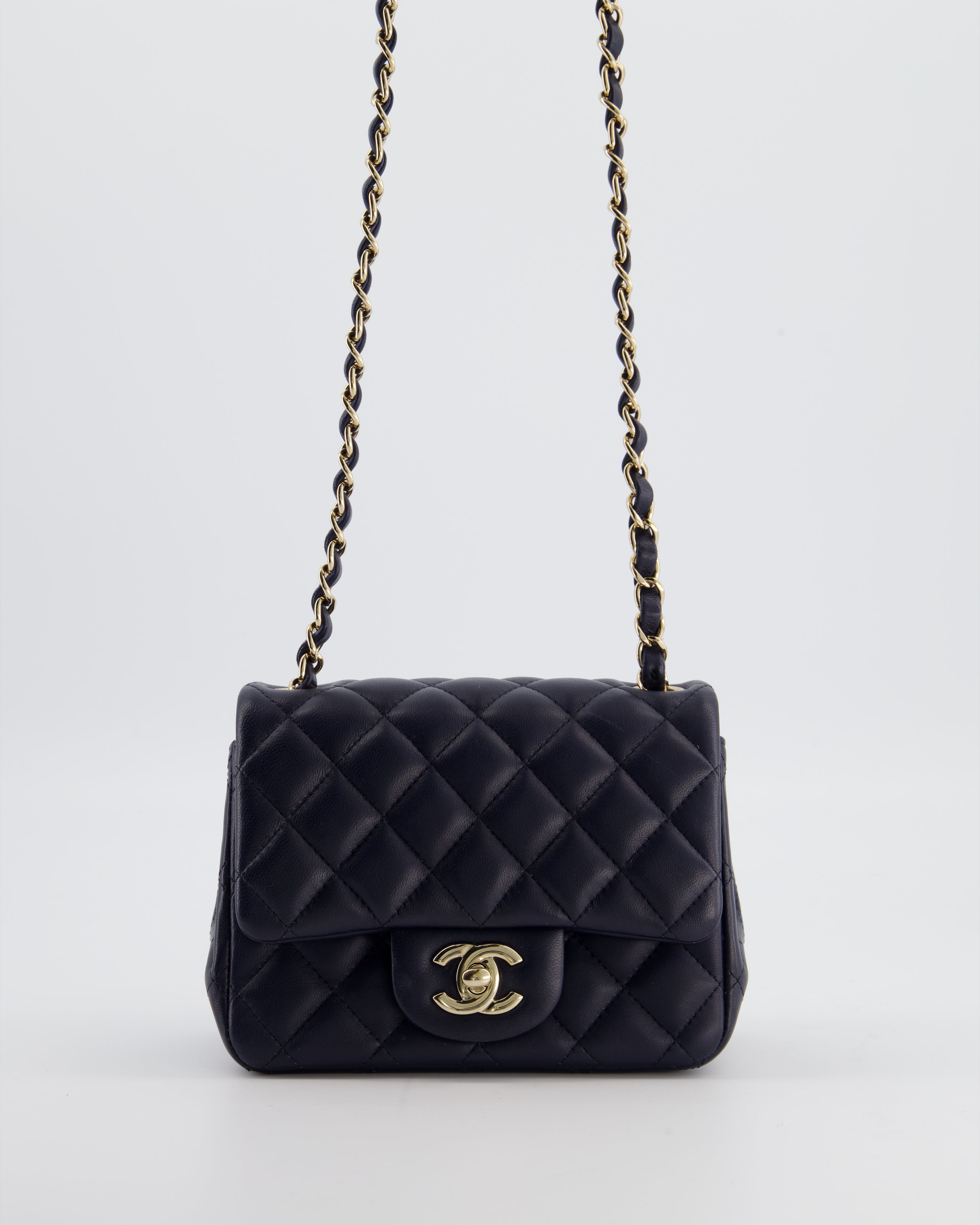 Chanel Navy Mini Square Classic Flap Bag in Lambskin Leather with Champagne Gold Hardware