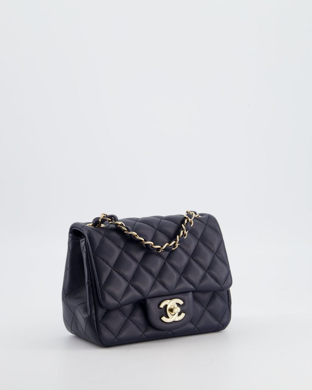 Chanel Navy Mini Square Classic Flap Bag in Lambskin Leather with Champagne Gold Hardware