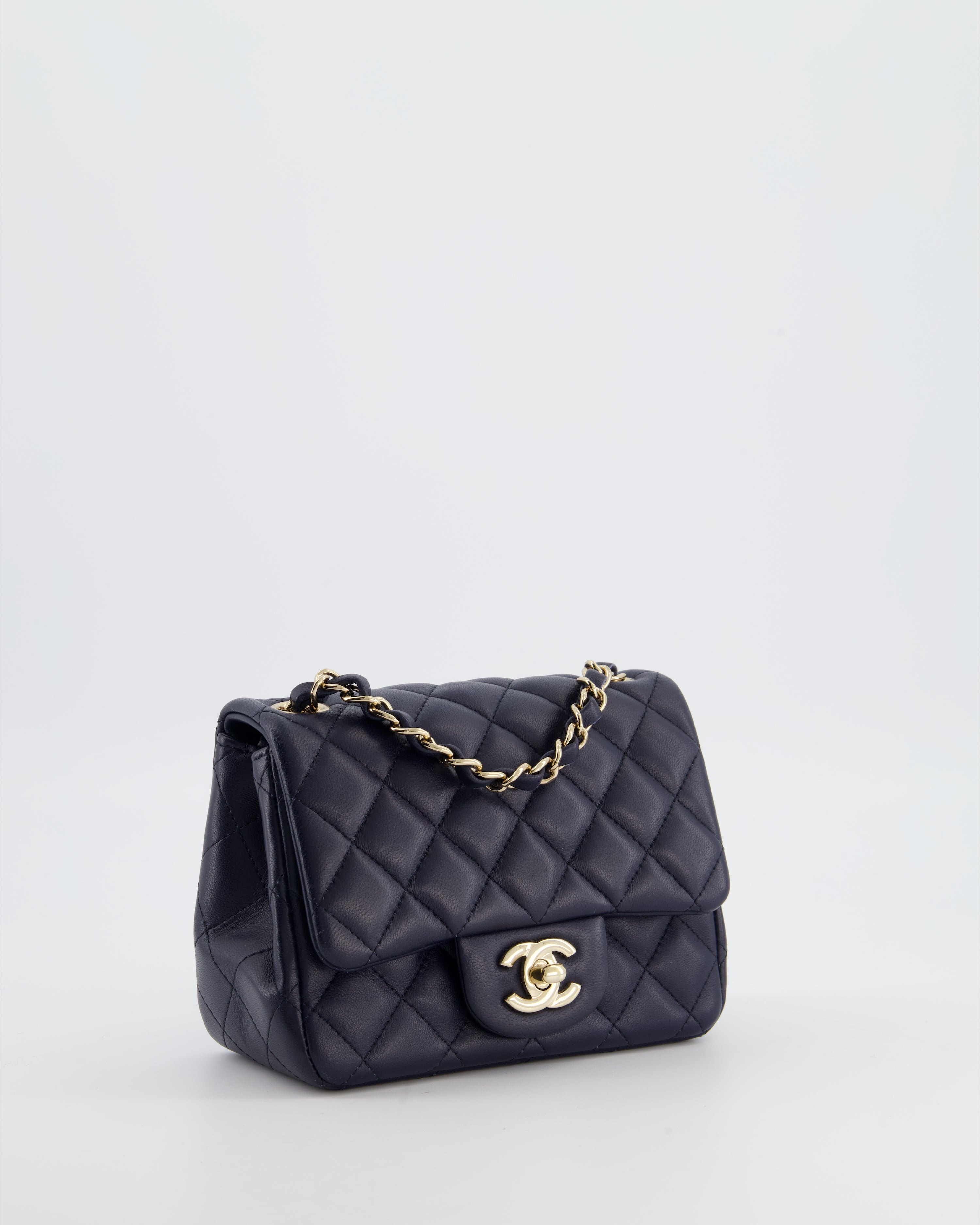 Chanel Navy Mini Square Classic Flap Bag in Lambskin Leather with Champagne Gold Hardware