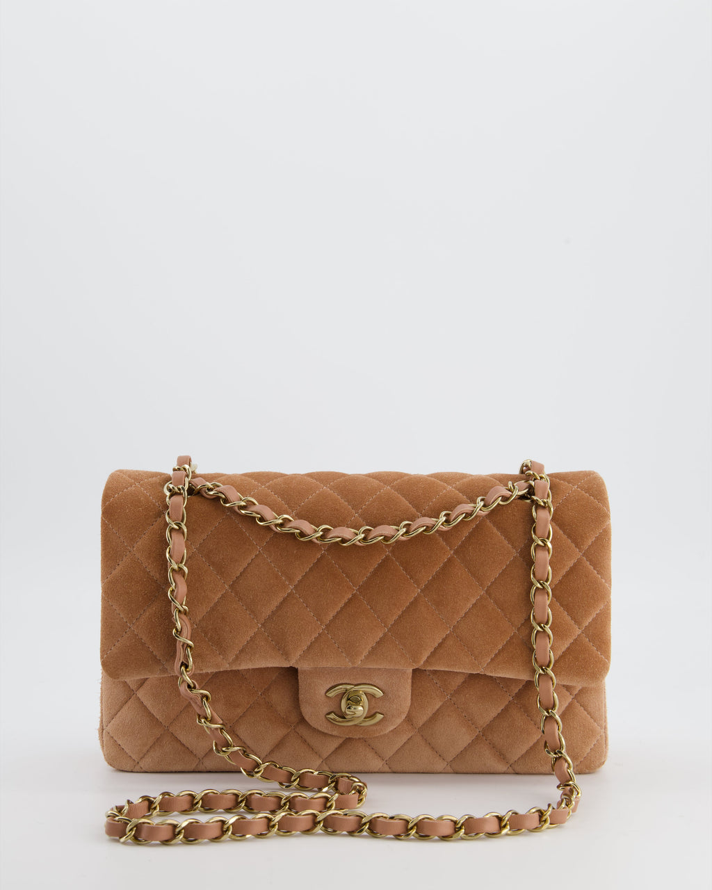 Chanel Caramel Medium Classic Double Flap Bag in Suede Leather with Champagne Gold Hardware