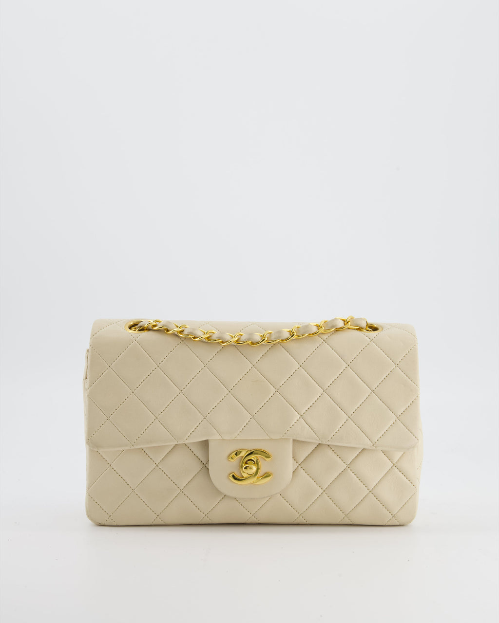 Chanel Cream Vintage Small Classic Double Flap Bag in Lambskin Leather with 24K Gold Hardware