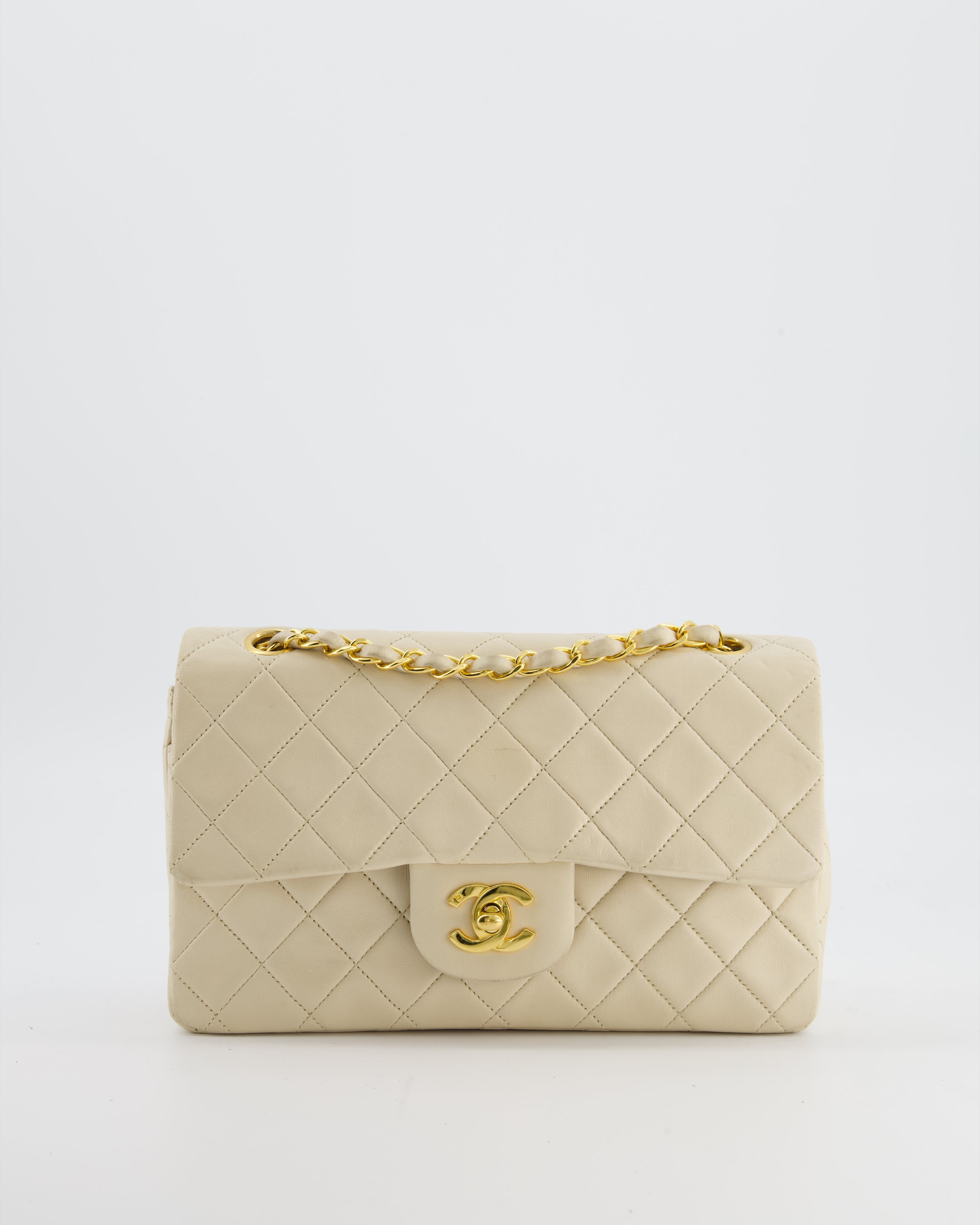 Chanel Cream Vintage Small Classic Double Flap Bag in Lambskin Leather with 24K Gold Hardware