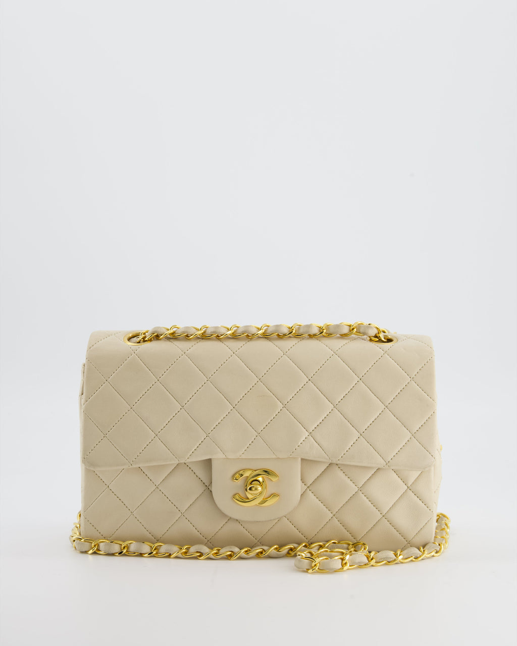 Chanel Cream Vintage Small Classic Double Flap Bag in Lambskin Leather with 24K Gold Hardware