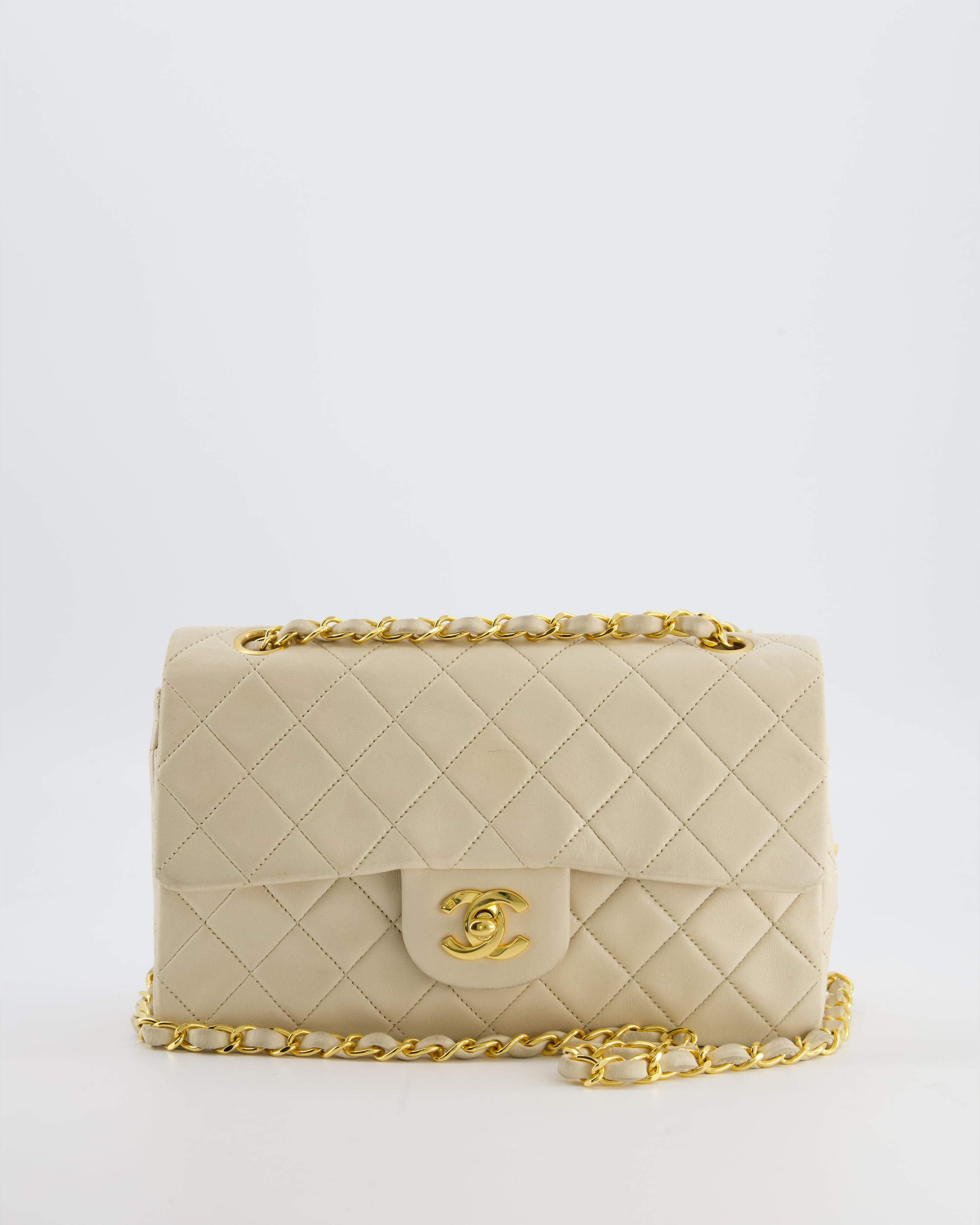 Chanel Cream Vintage Small Classic Double Flap Bag in Lambskin Leather with 24K Gold Hardware