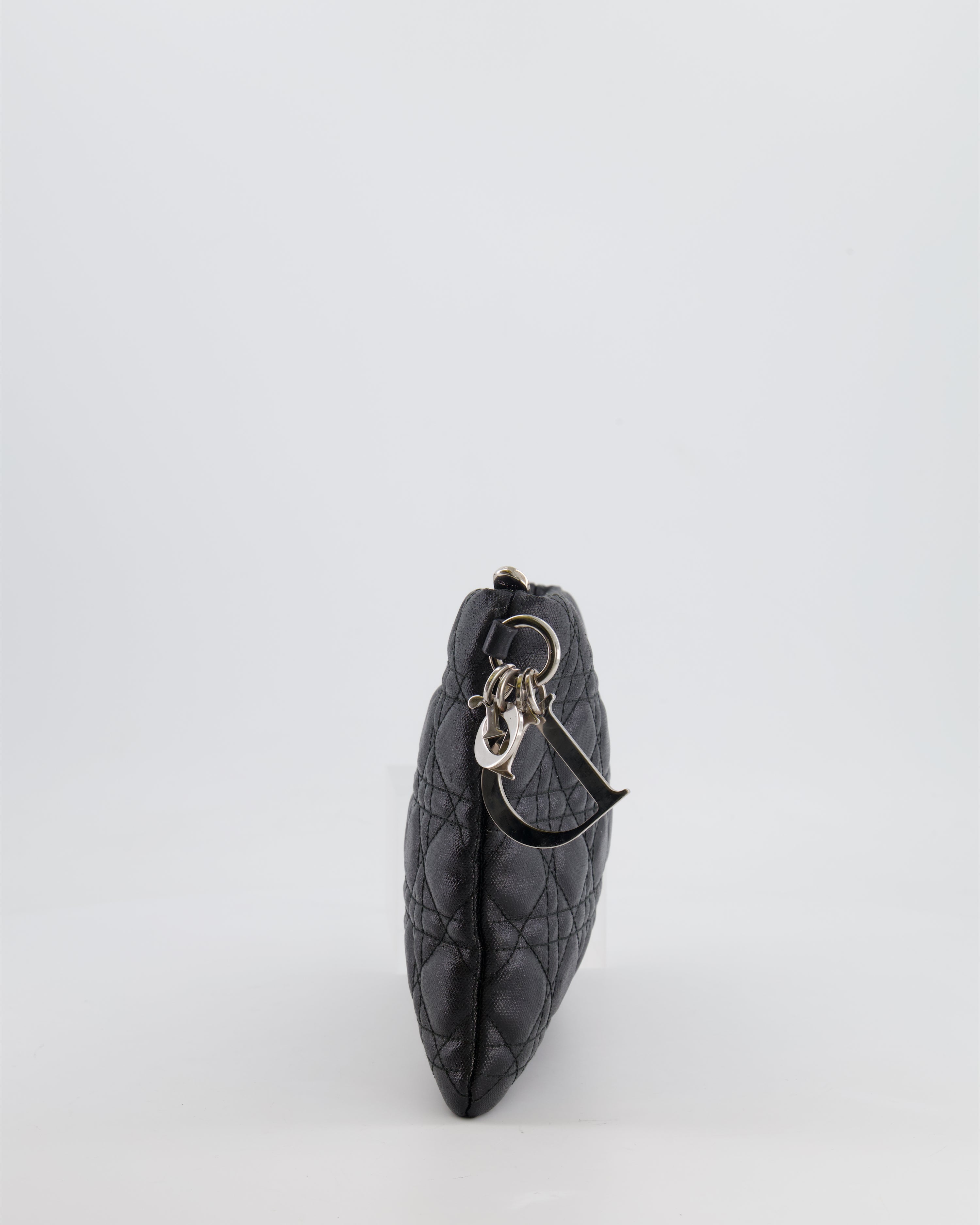 Christian Dior Black Leather Cannage Pouch Bag with Silver Hardware