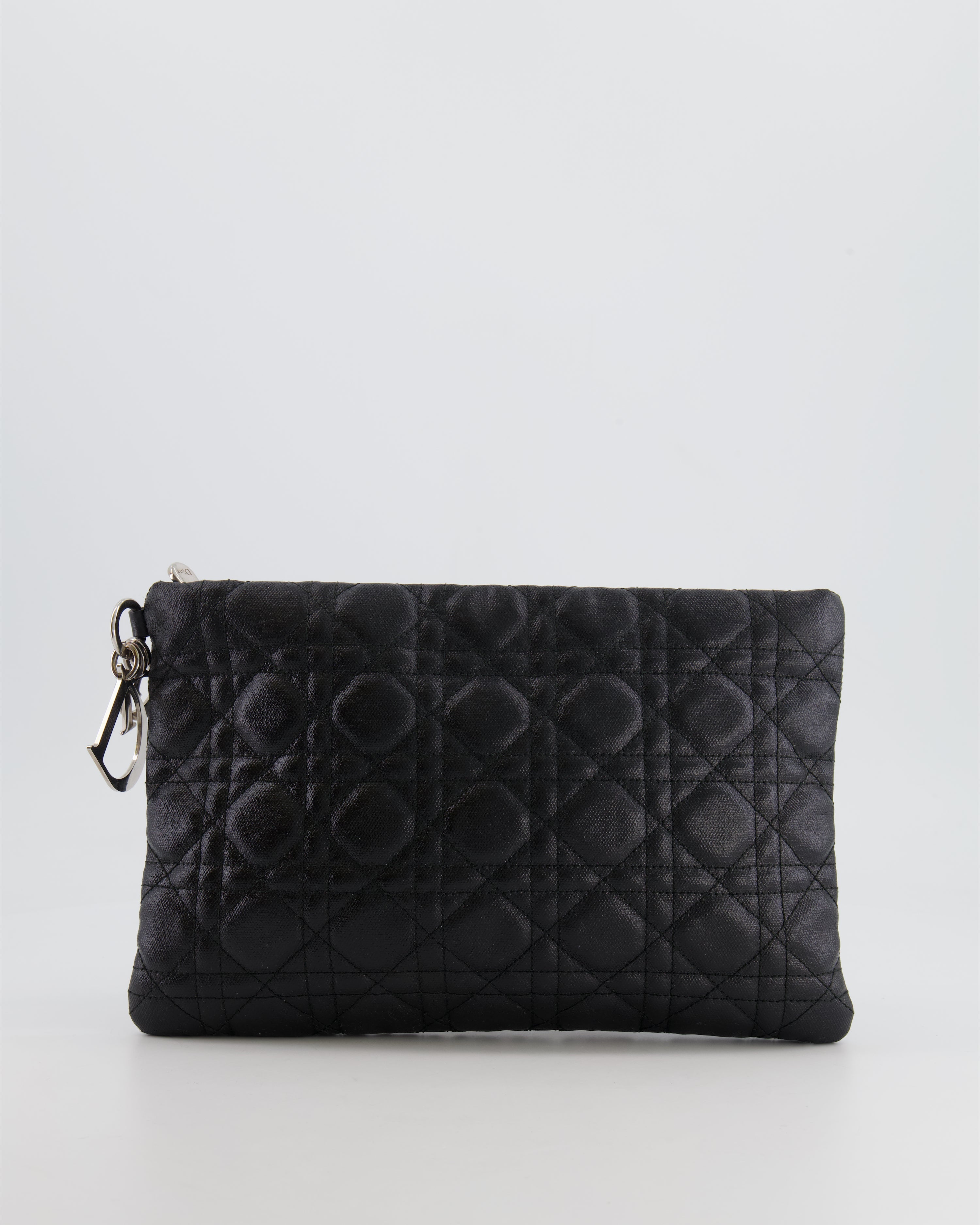 Christian Dior Black Leather Cannage Pouch Bag with Silver Hardware