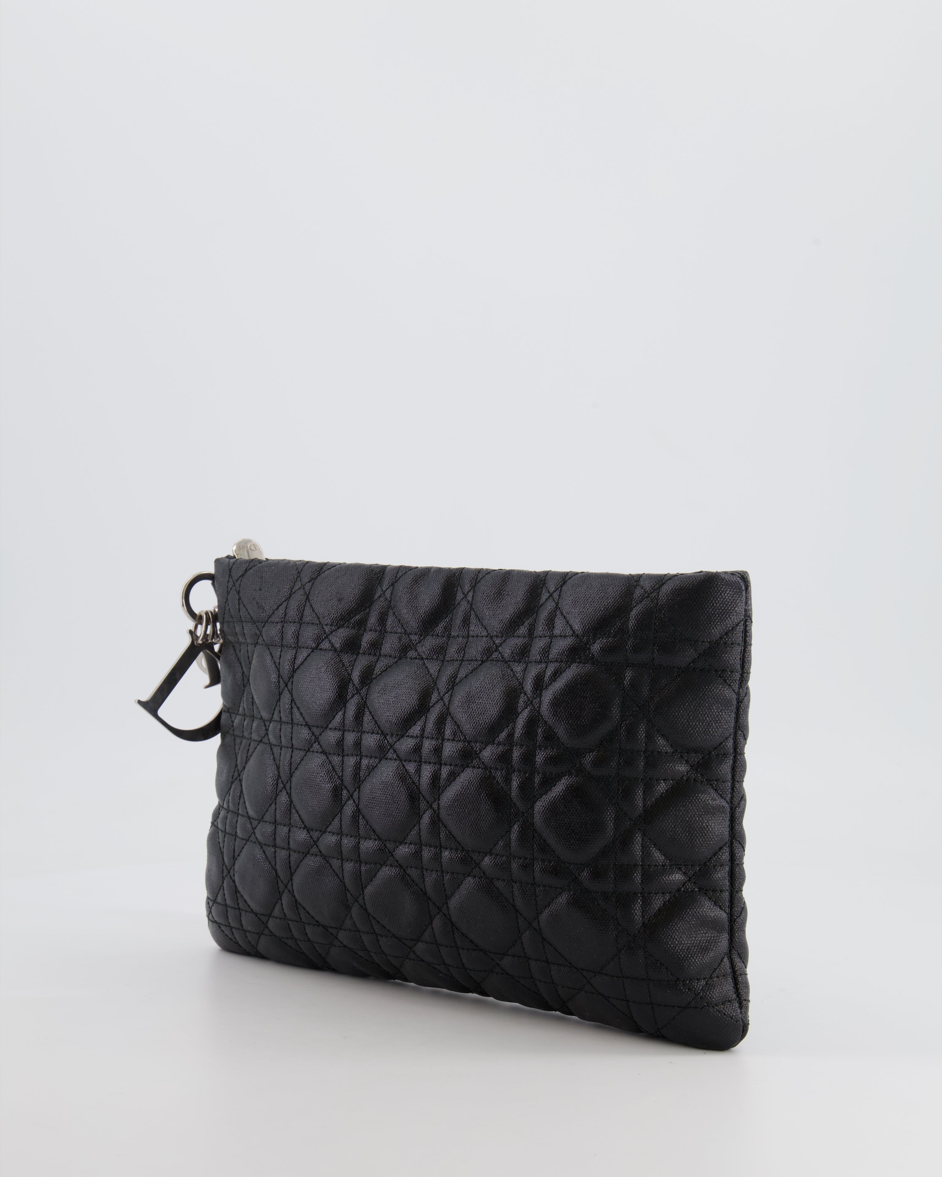 Christian Dior Black Leather Cannage Pouch Bag with Silver Hardware