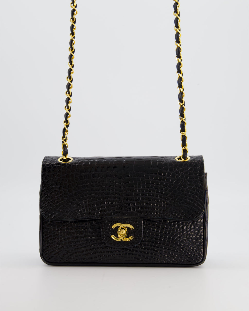 *RARE* Chanel Black Classic Flap Bag in Shiny Crocodile Leather with Gold Hardware