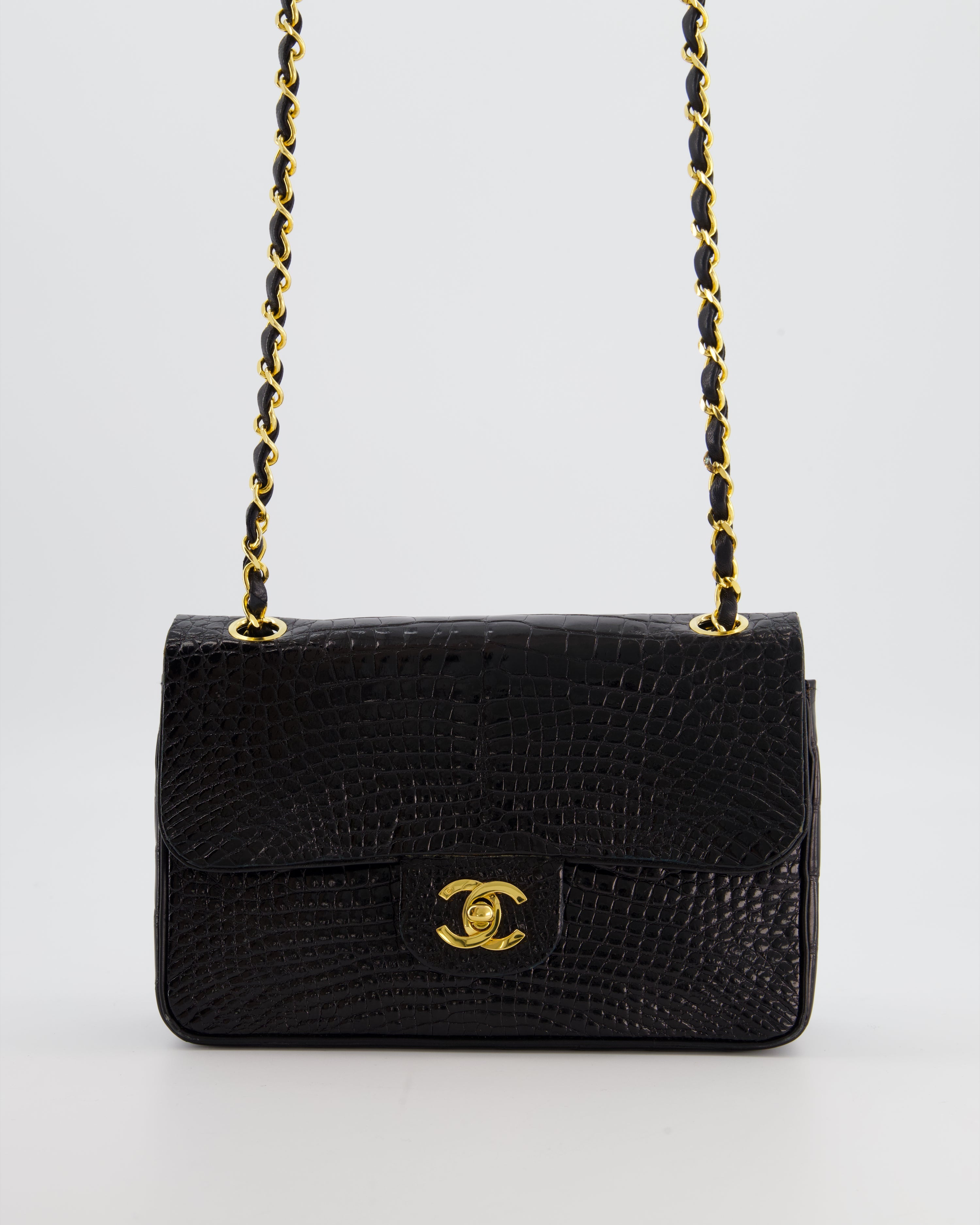 *RARE* Chanel Black Classic Flap Bag in Shiny Crocodile Leather with Gold Hardware