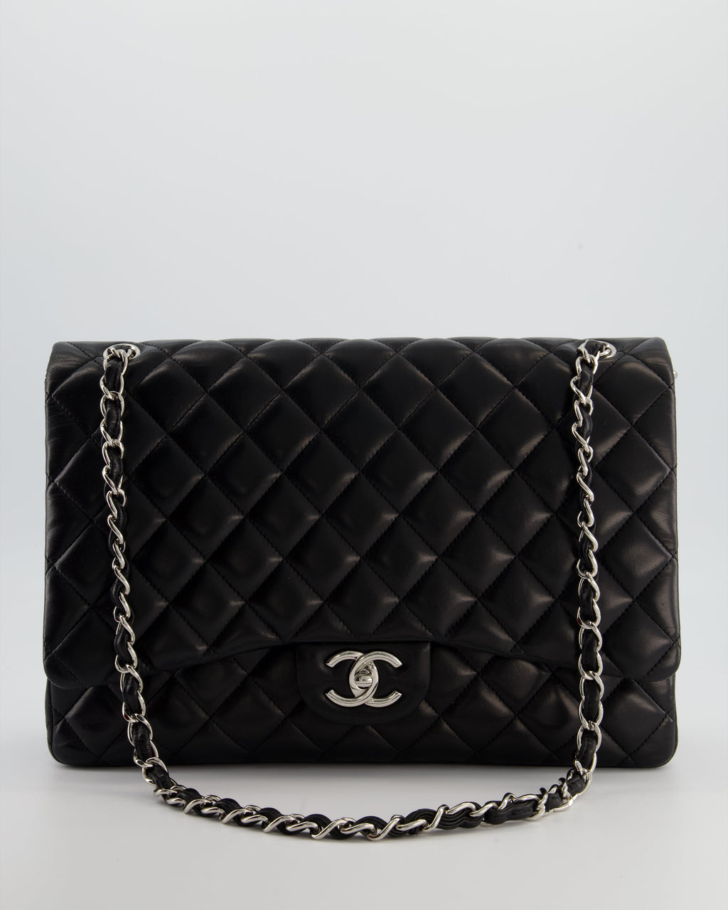 *FIRE PRICE* Chanel Black Maxi Classic Double Flap Bag in Lambskin Leather with Silver Hardware