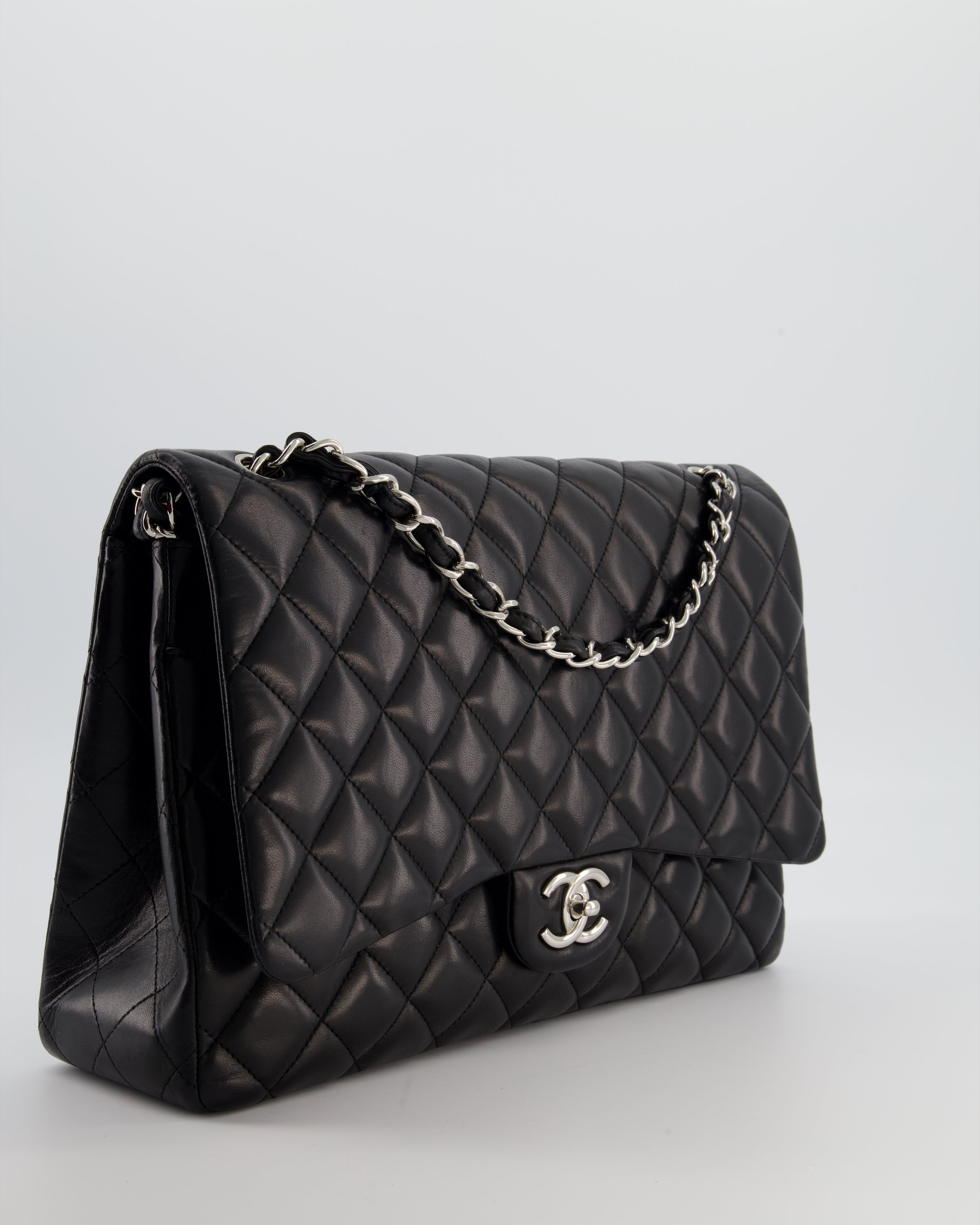 *FIRE PRICE* Chanel Black Maxi Classic Double Flap Bag in Lambskin Leather with Silver Hardware
