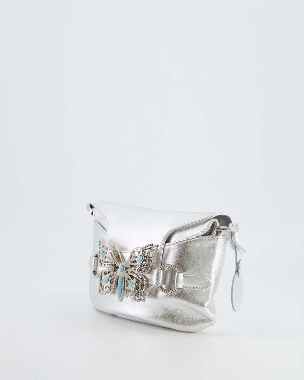 Valentino Vintage 2004 Runway Silver Leather Small Bag with Crystal Embellished Butterfly and Turquoise Stones