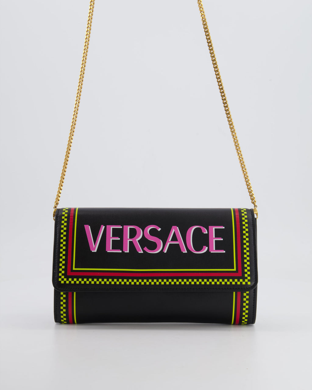 Versace Black Leather Wallet on Chain Bag with Pink Logo, Neon Yellow and Red Details with Gold Hardware