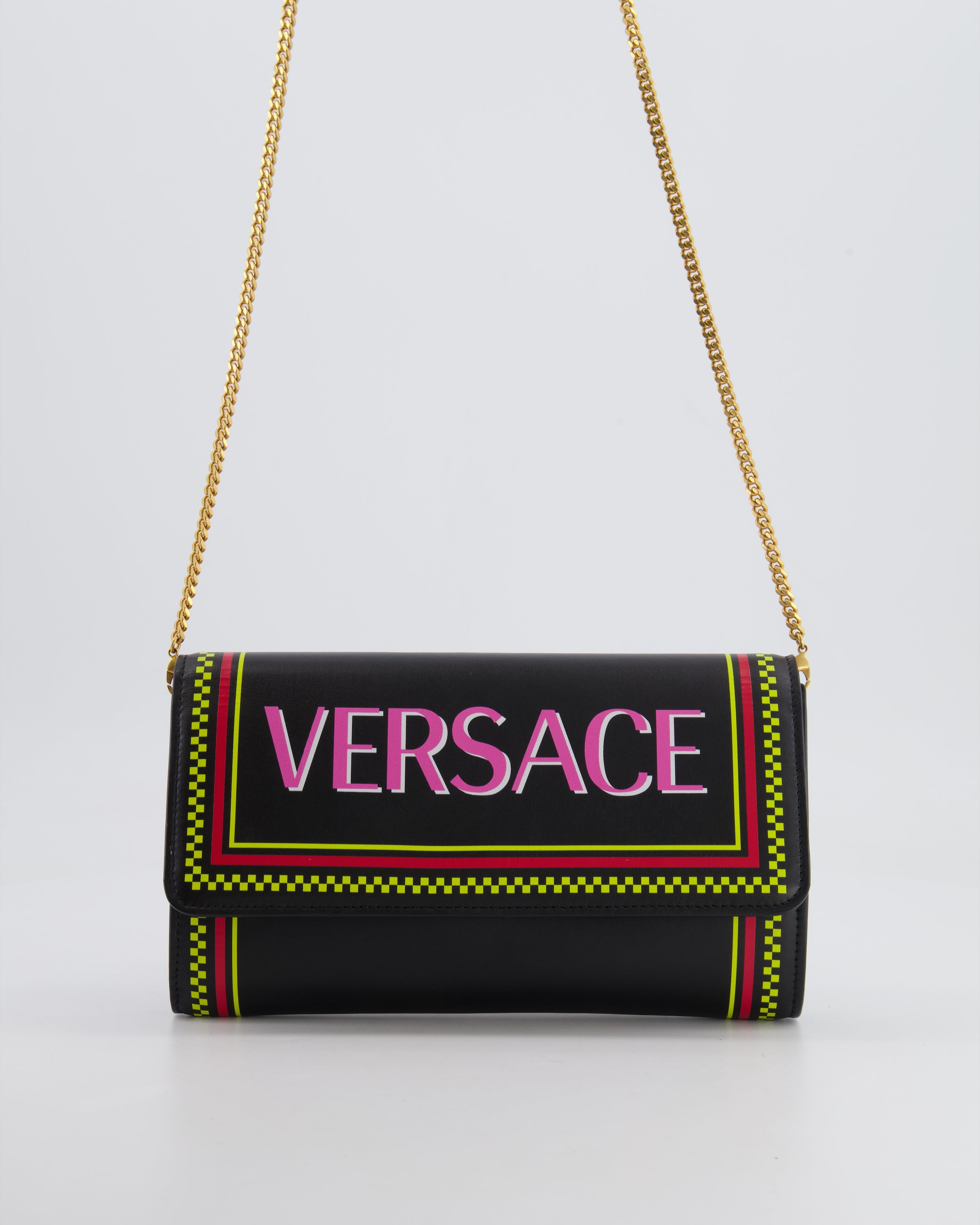 Versace Black Leather Wallet on Chain Bag with Pink Logo, Neon Yellow and Red Details with Gold Hardware