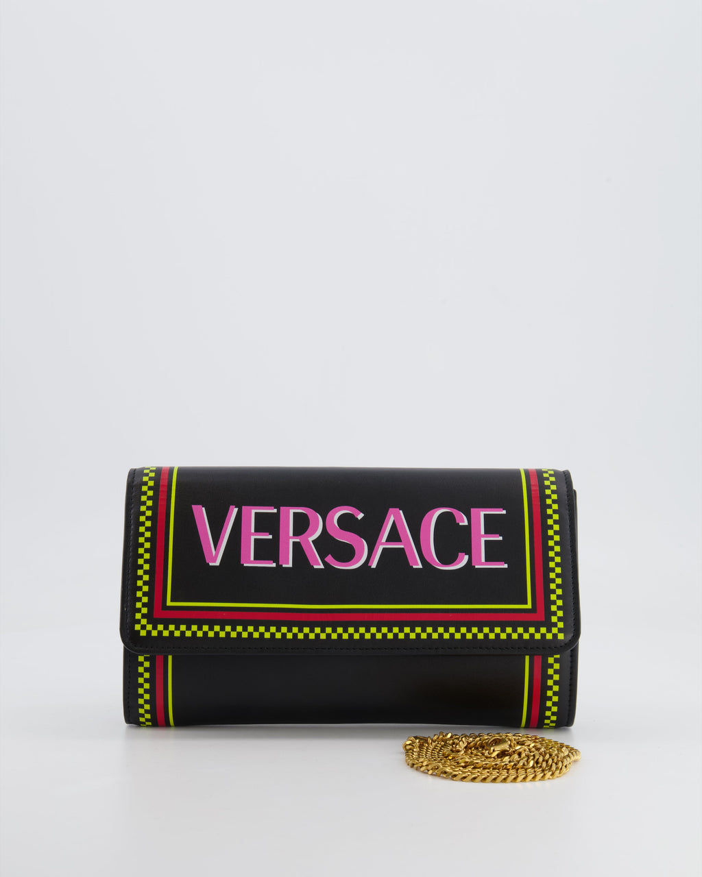 Versace Black Leather Wallet on Chain Bag with Pink Logo, Neon Yellow and Red Details with Gold Hardware