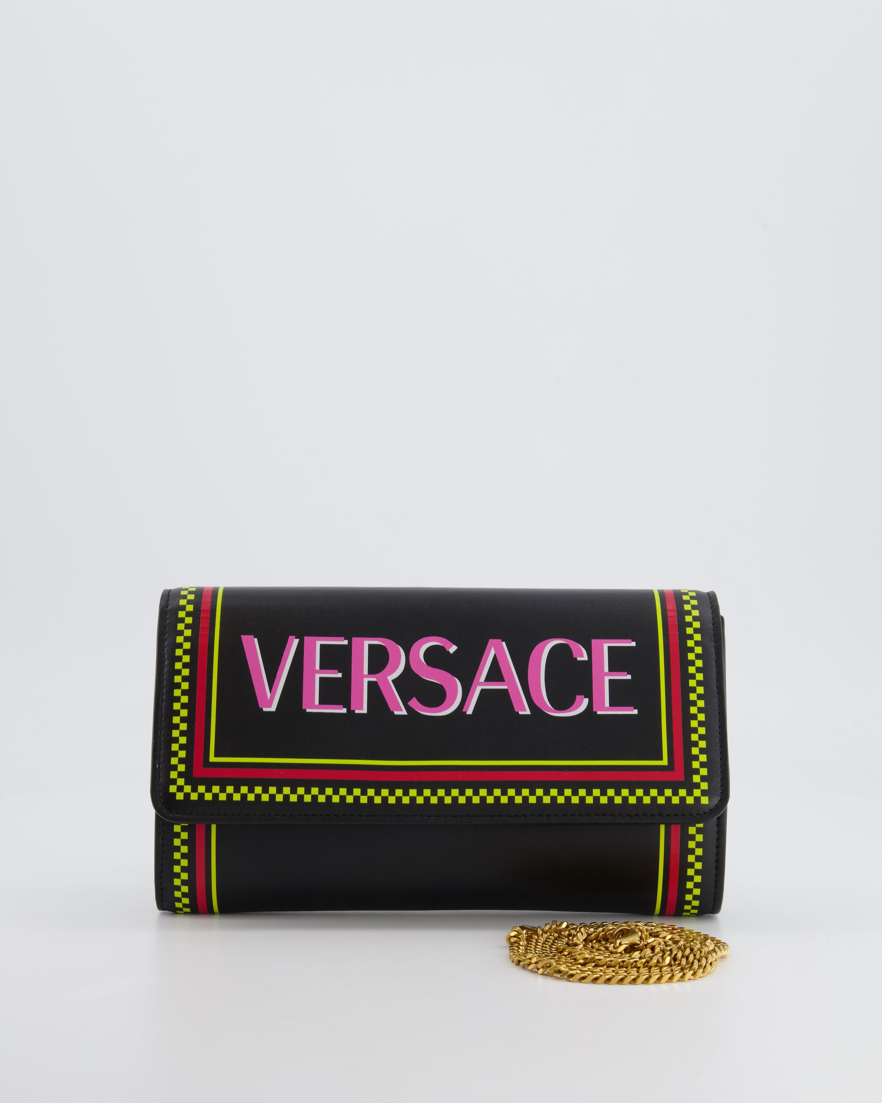 Versace Black Leather Wallet on Chain Bag with Pink Logo, Neon Yellow and Red Details with Gold Hardware