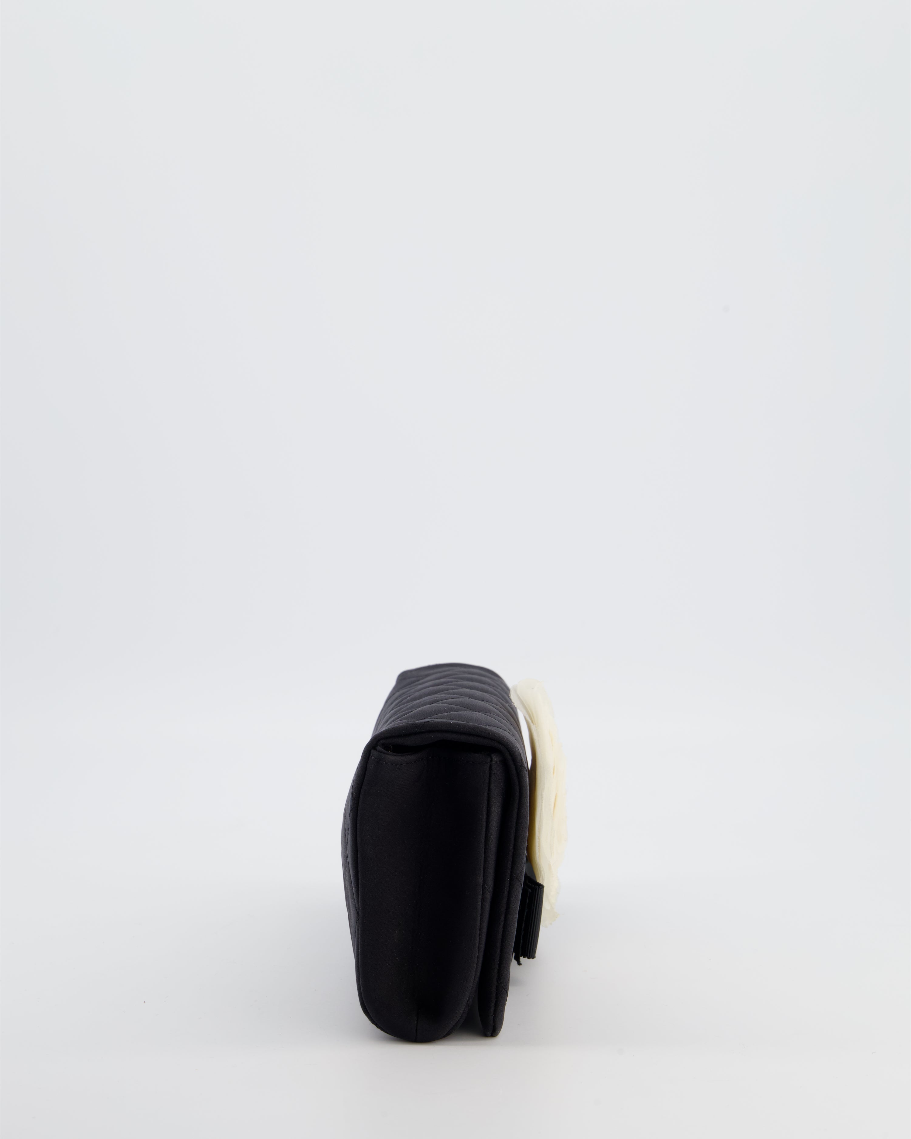 Chanel Black Vintage Jersey Clutch Bag on Chain with Camellia and Bow Detail with Champagne Gold Hardware