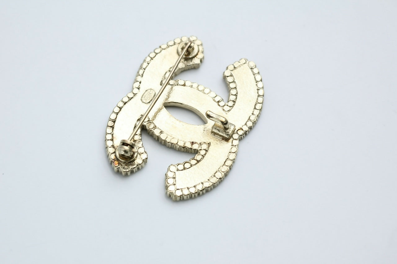 Chanel Vintage 06A Blue Rhinestone Beige Black Stripe Brooch