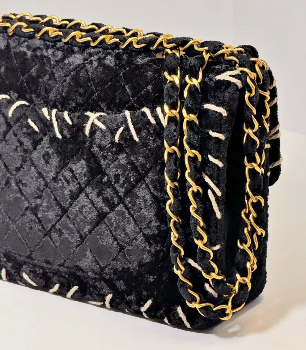 Chanel Vintage 1993 Black Velvet Whipstitch Flap Bag