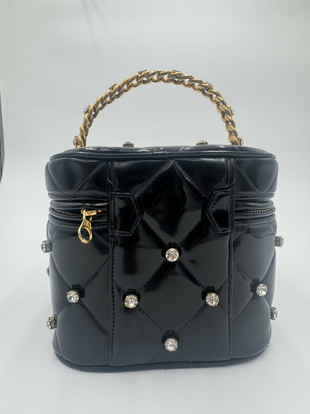 Chanel 1995 Vintage Barbie Black Rhinestone Heart-Mirror Vanity Case Bag