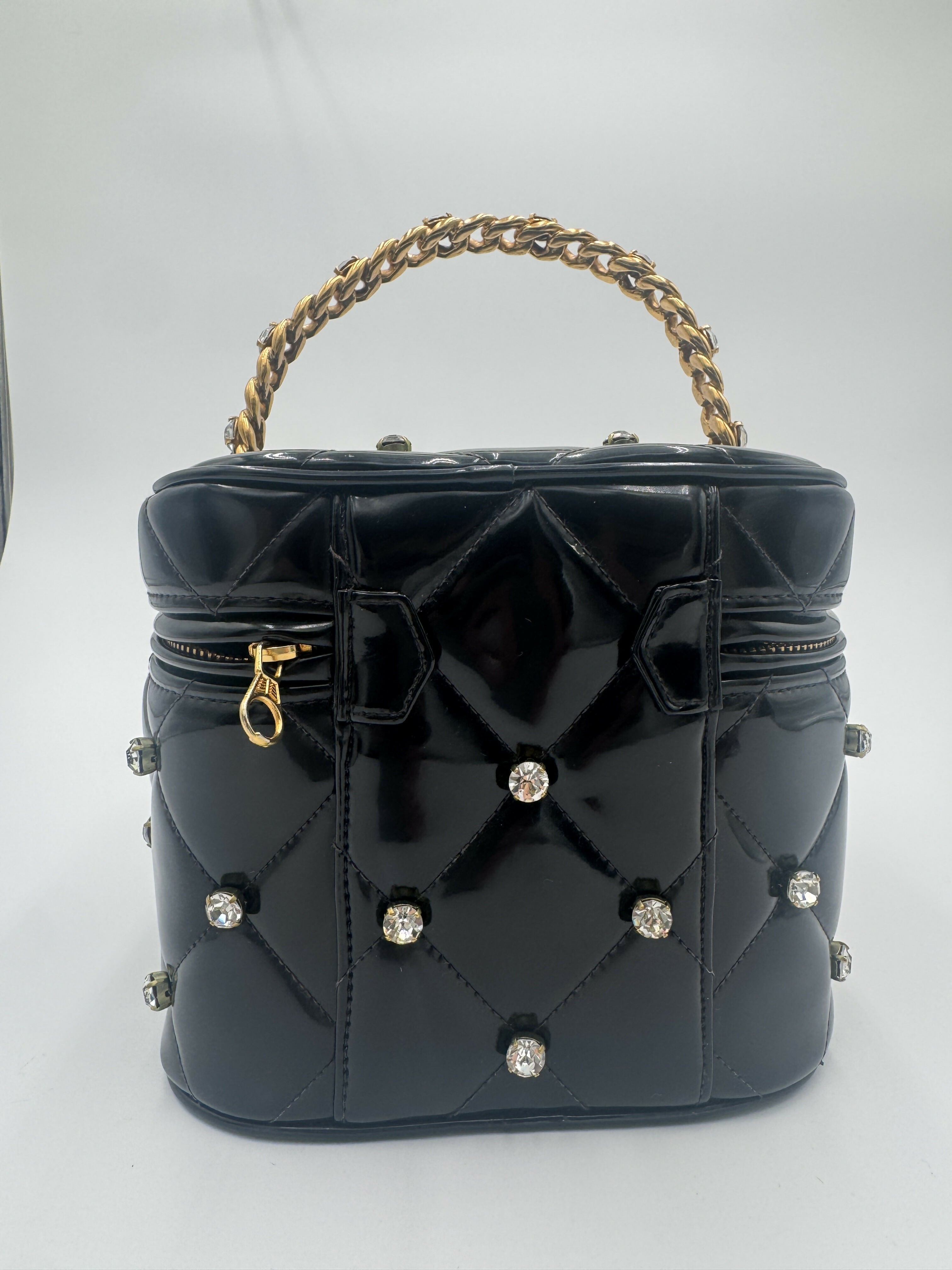 Chanel 1995 Vintage Barbie Black Rhinestone Heart-Mirror Vanity Case Bag