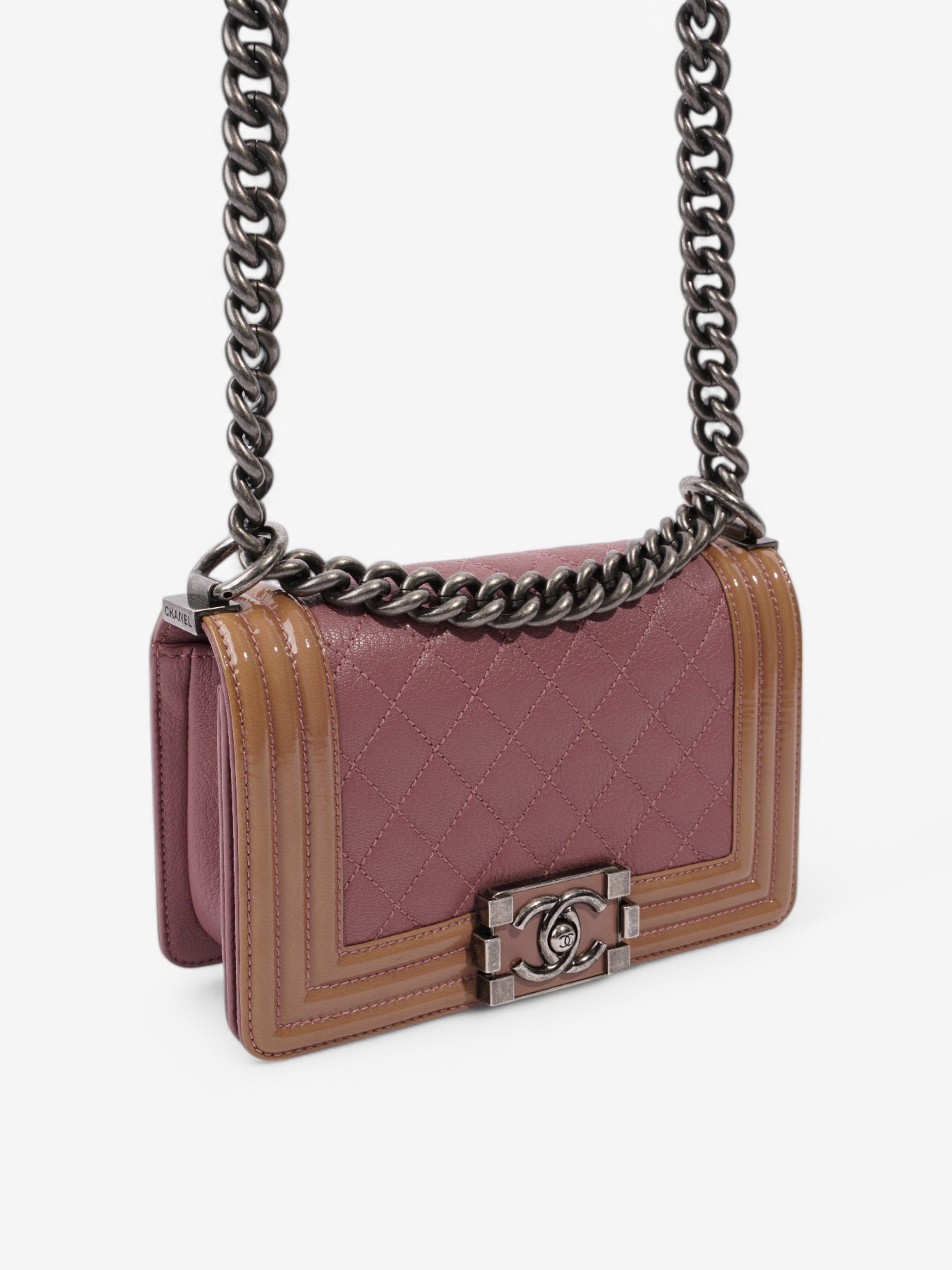 Chanel Boy Bag Purple / Light Brown Patent Leather Small