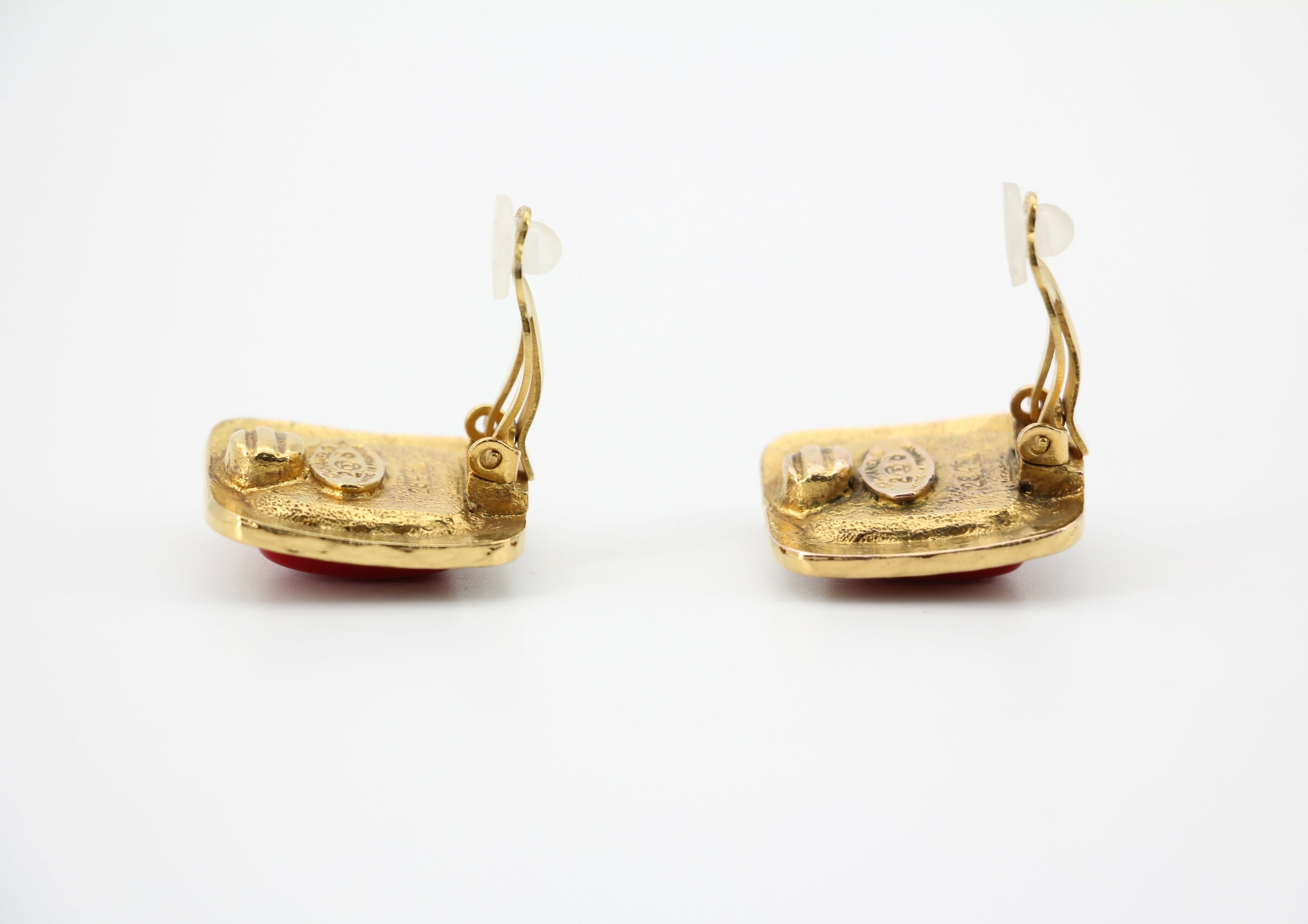 Chanel Vintage 1886-92 Gold-plated Large Red Square Clip-on Earrings