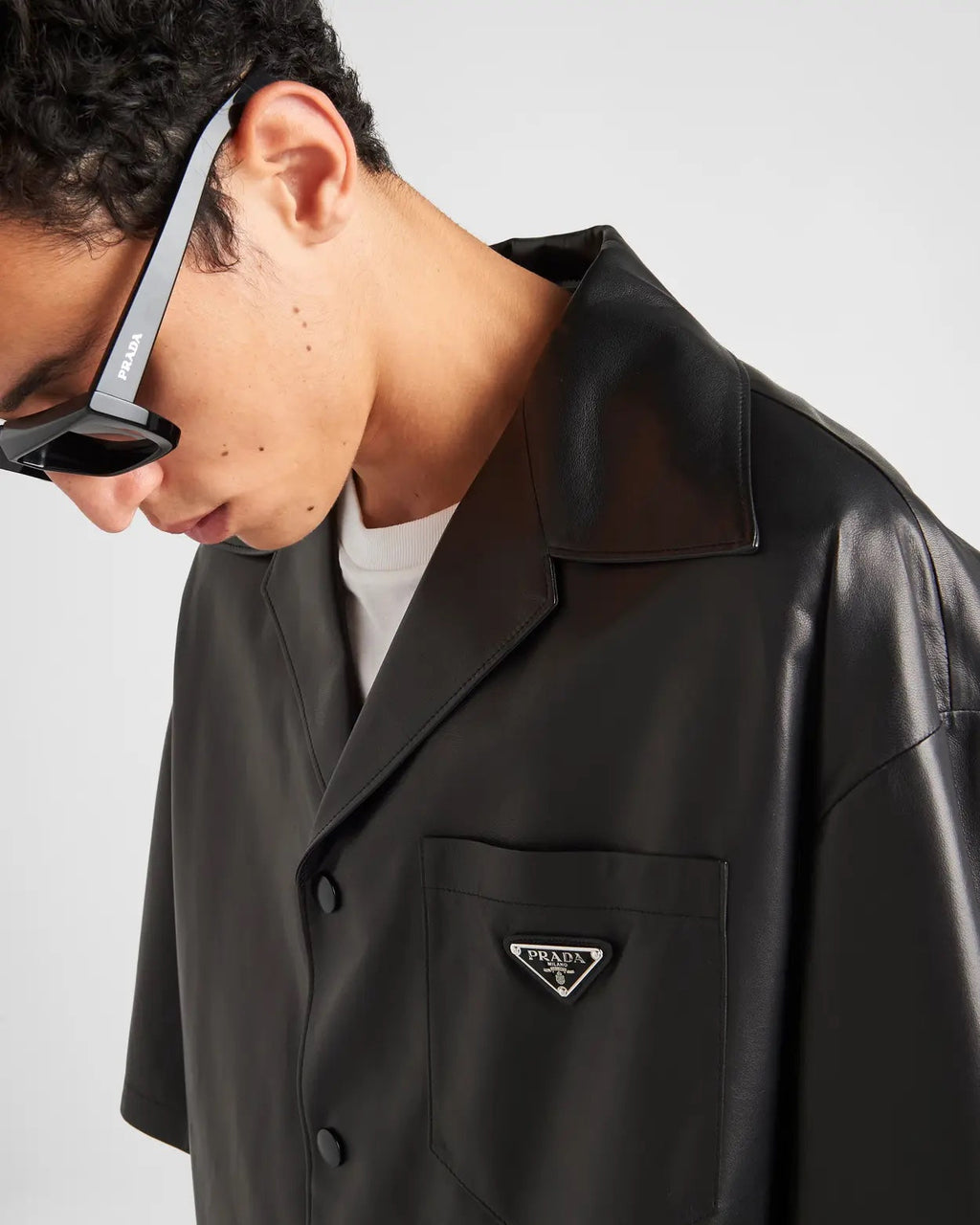 PRADA LUNA ROSSA TRIANFLE LOGO NAPPA LEATHER SHIRT