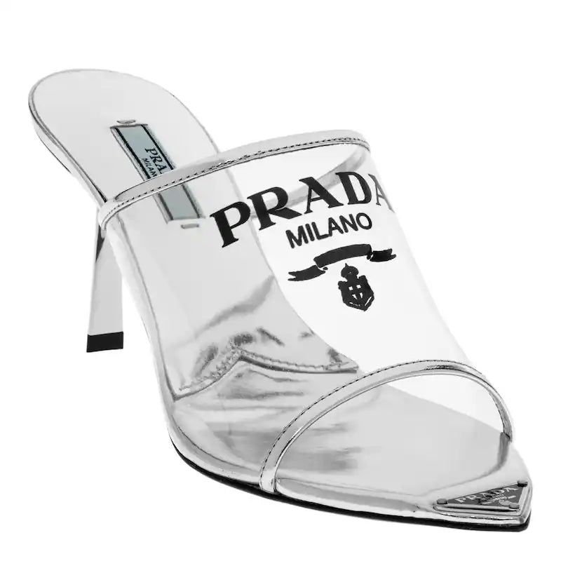 PRADA LOGO PRINT PLEXIGLASS HIGH HEEL SLIDE MULES