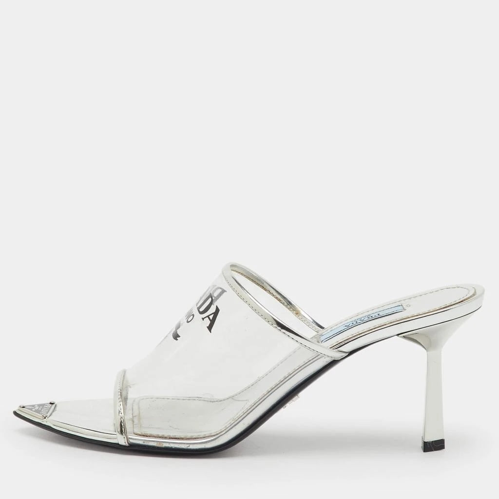 PRADA LOGO PRINT PLEXIGLASS HIGH HEEL SLIDE MULES