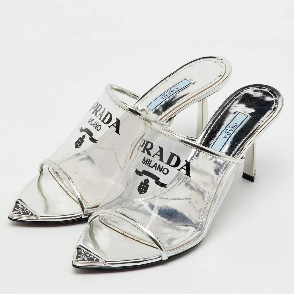 PRADA LOGO PRINT PLEXIGLASS HIGH HEEL SLIDE MULES