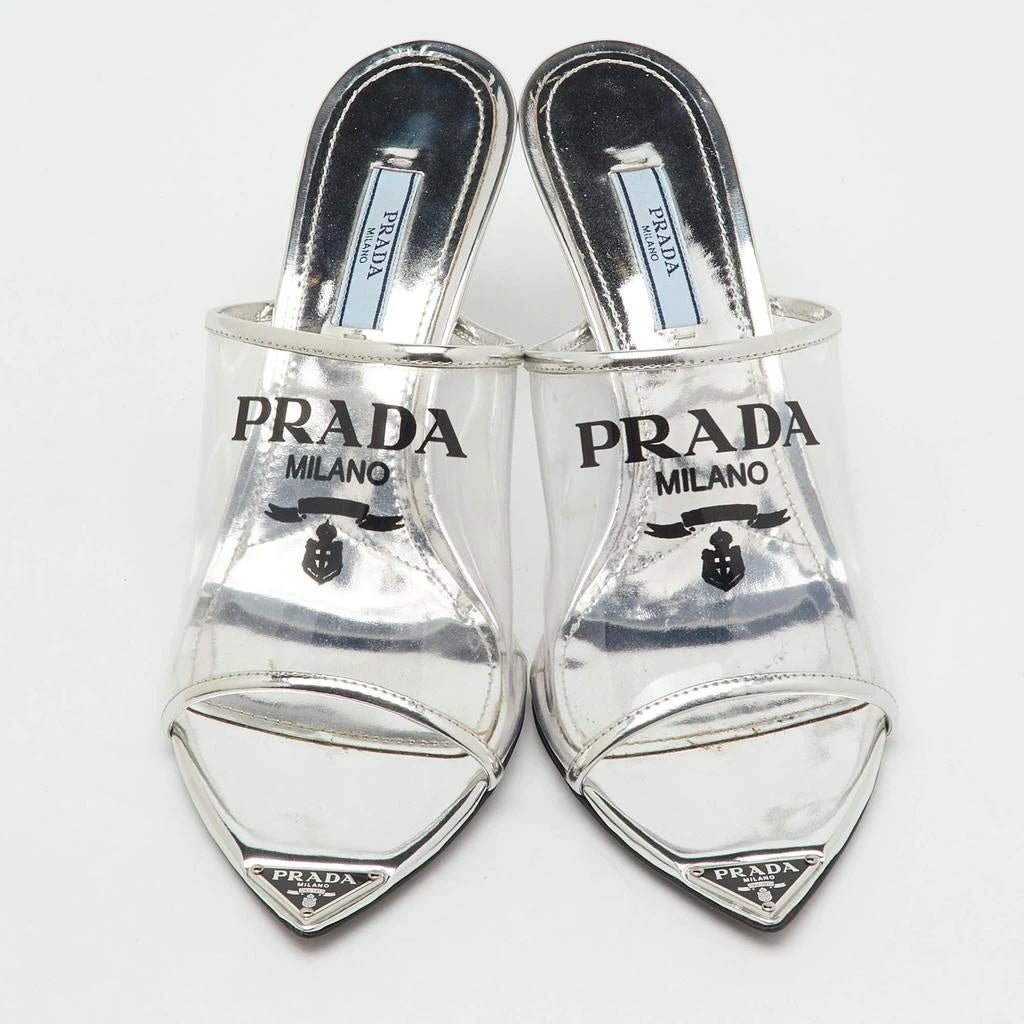 PRADA LOGO PRINT PLEXIGLASS HIGH HEEL SLIDE MULES