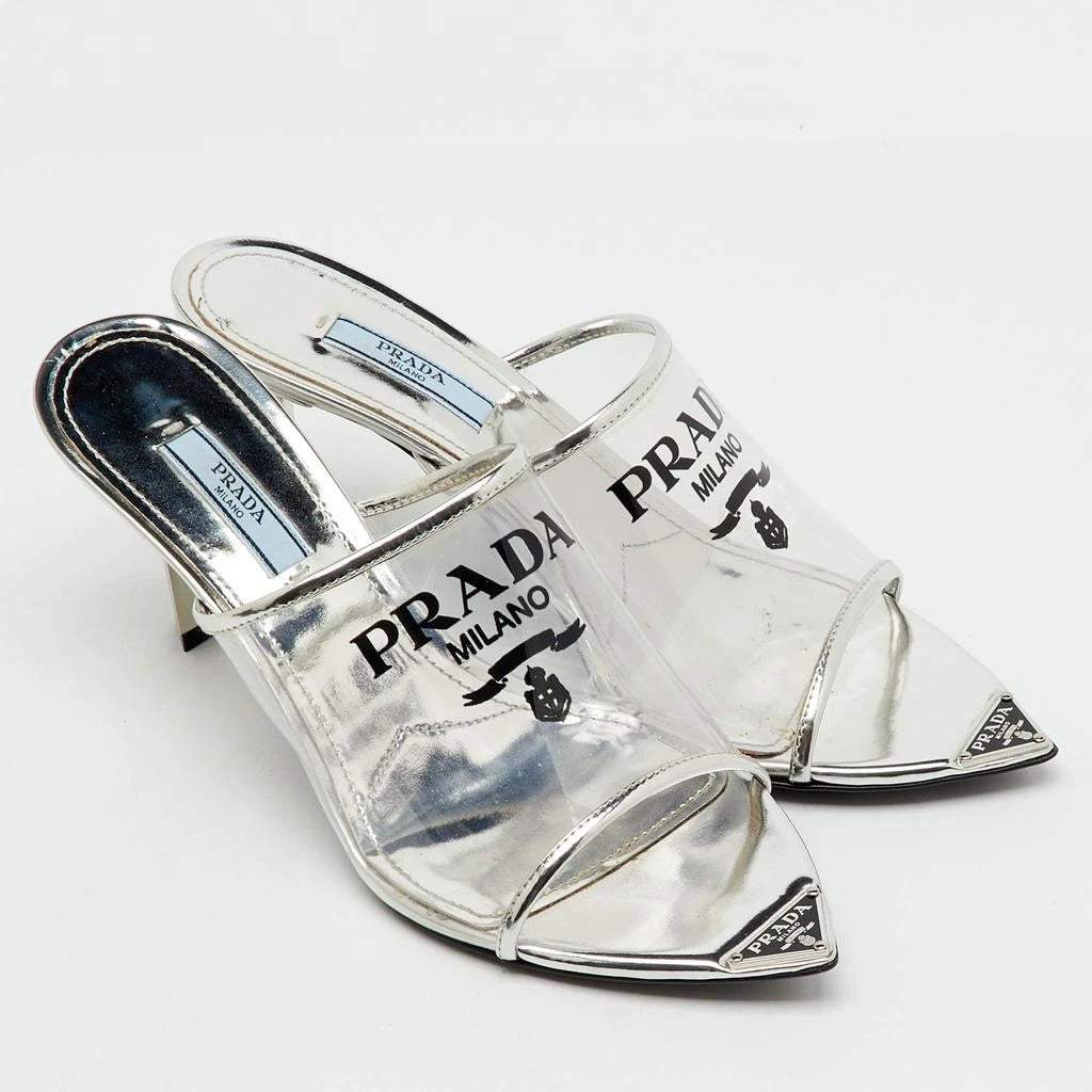 PRADA LOGO PRINT PLEXIGLASS HIGH HEEL SLIDE MULES