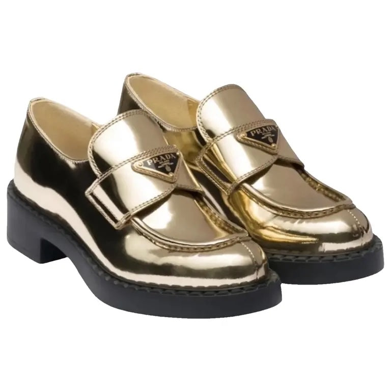 PRADA METALLIC BRUSHED CALFSKIN LEATHER TRIANGLE LOGO LOAFERS