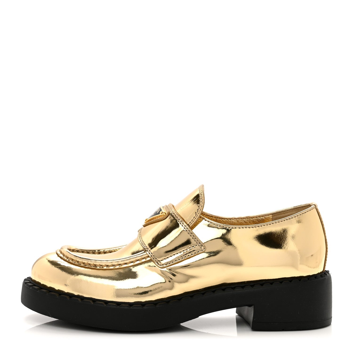 PRADA METALLIC BRUSHED CALFSKIN LEATHER TRIANGLE LOGO LOAFERS