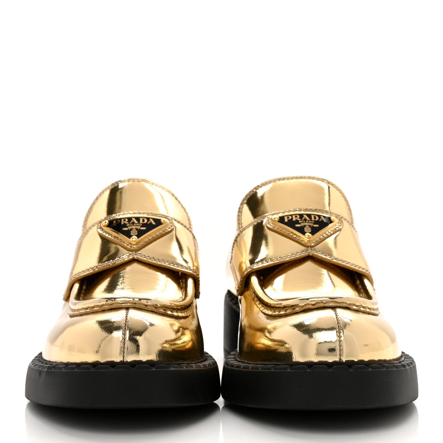 PRADA METALLIC BRUSHED CALFSKIN LEATHER TRIANGLE LOGO LOAFERS