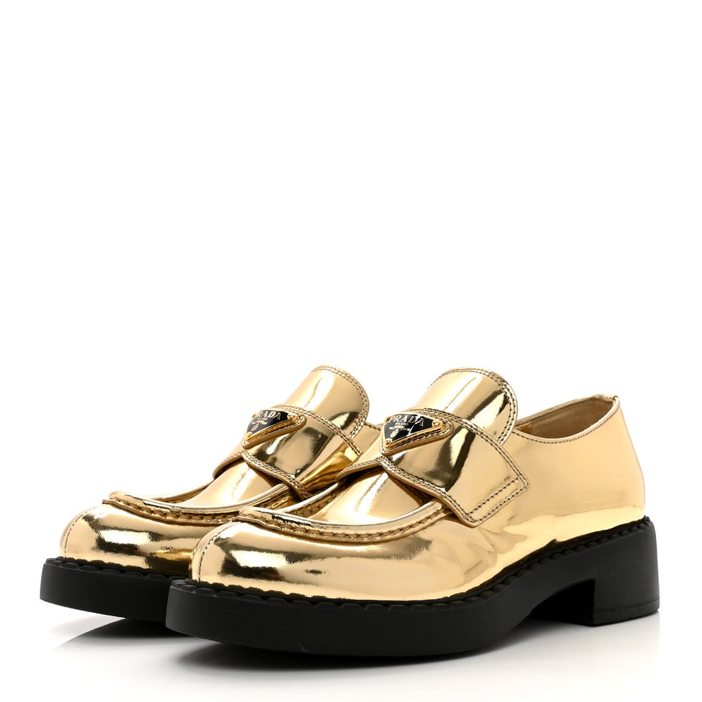 PRADA METALLIC BRUSHED CALFSKIN LEATHER TRIANGLE LOGO LOAFERS