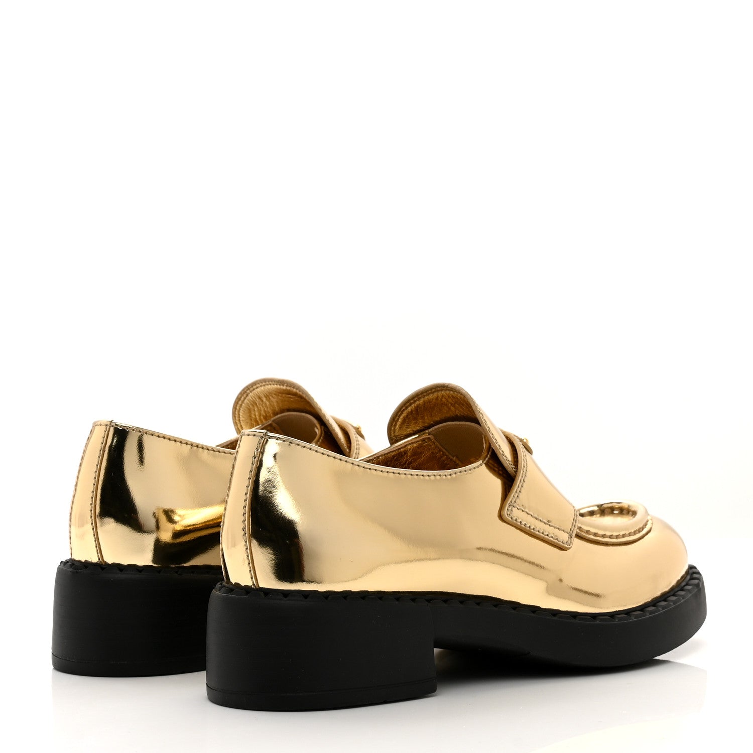 PRADA METALLIC BRUSHED CALFSKIN LEATHER TRIANGLE LOGO LOAFERS