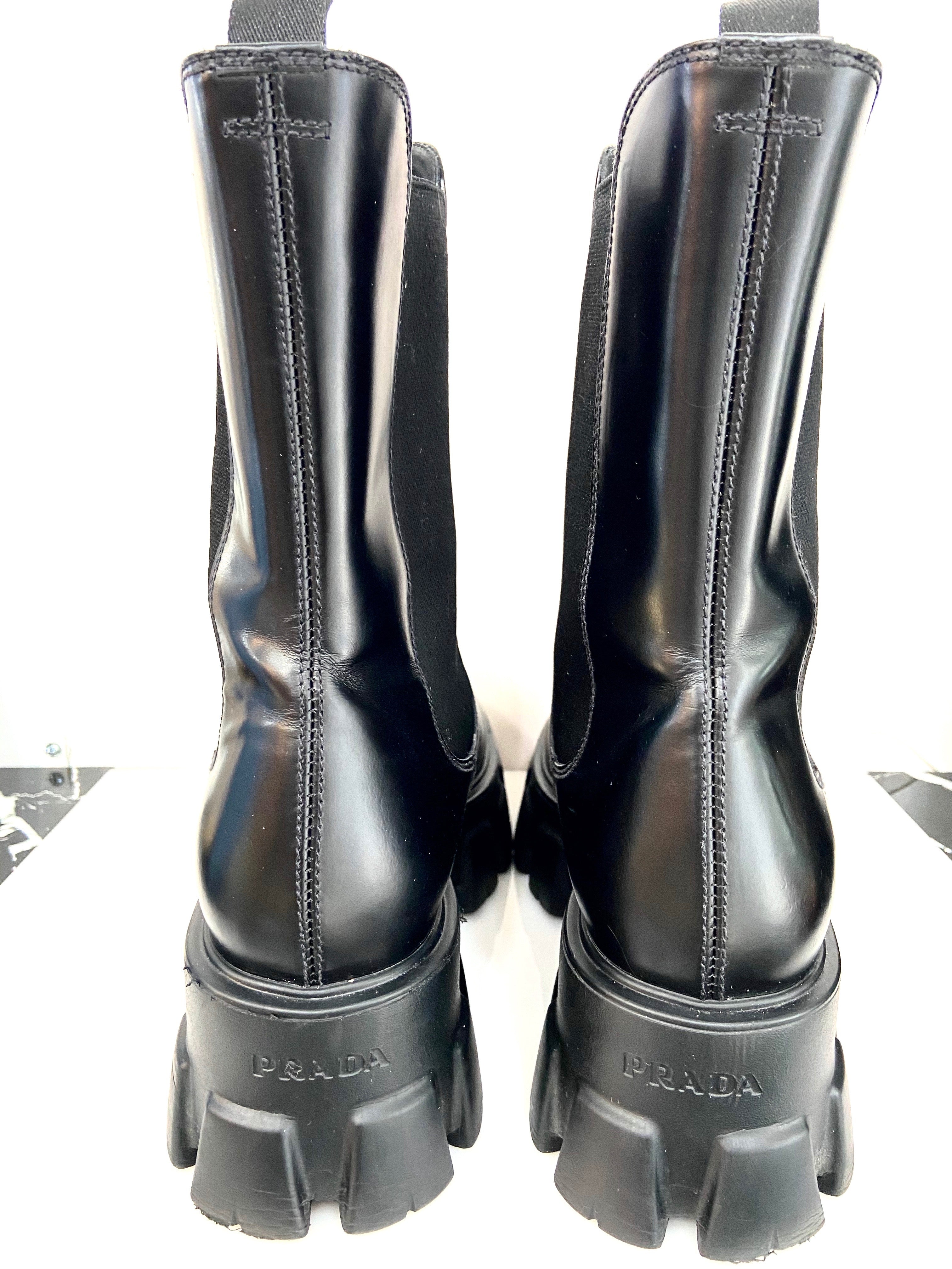PRADA SPAZZOLATO ROIS MONLITH BRUSHED LEATHER CHELSEA BOOTS
