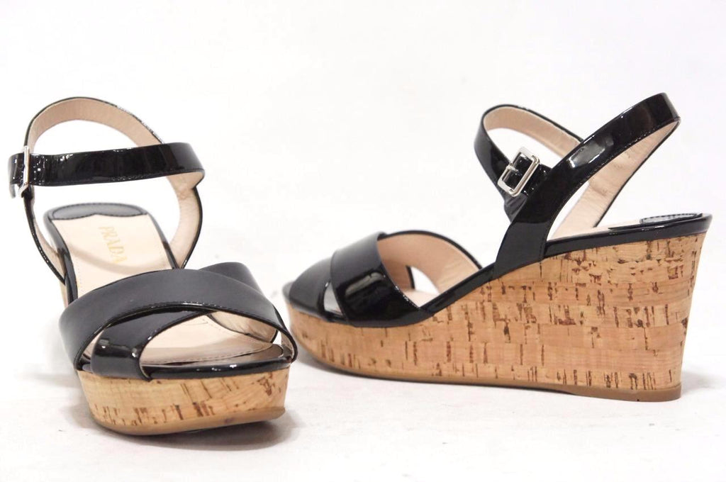PRADA VERNICE CORK WEDGE HEEL PATENT SANDALS