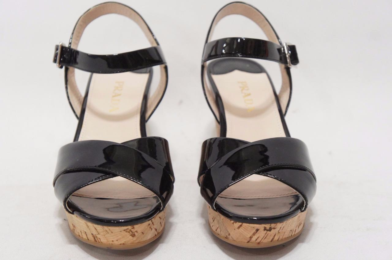 PRADA VERNICE CORK WEDGE HEEL PATENT SANDALS