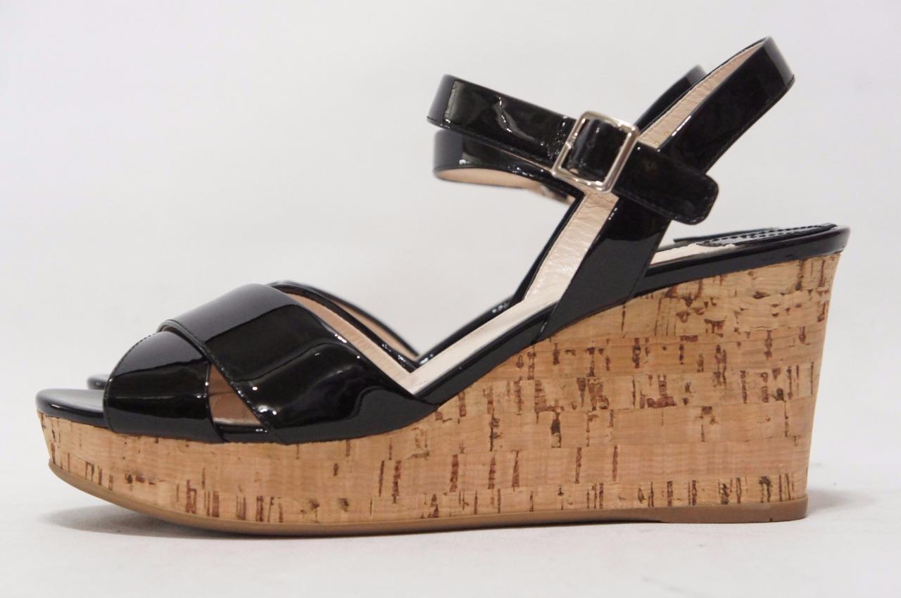 PRADA VERNICE CORK WEDGE HEEL PATENT SANDALS