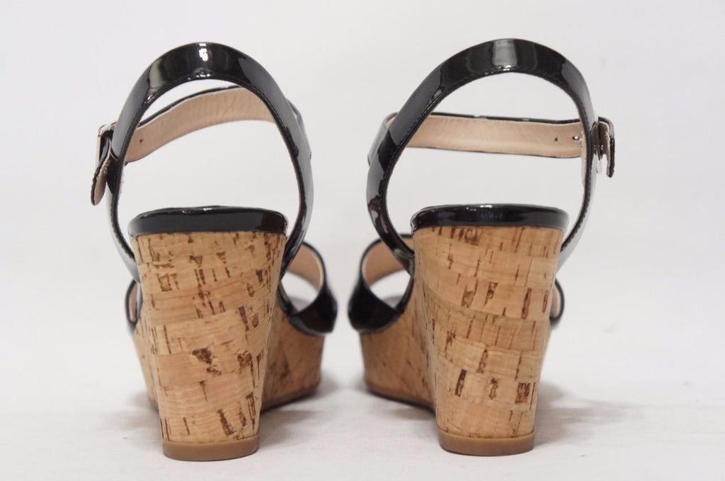 PRADA VERNICE CORK WEDGE HEEL PATENT SANDALS