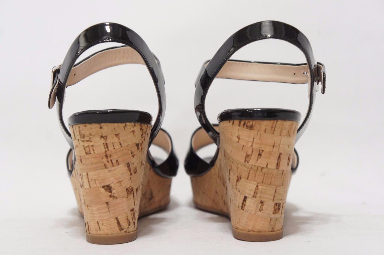 PRADA VERNICE CORK WEDGE HEEL PATENT SANDALS