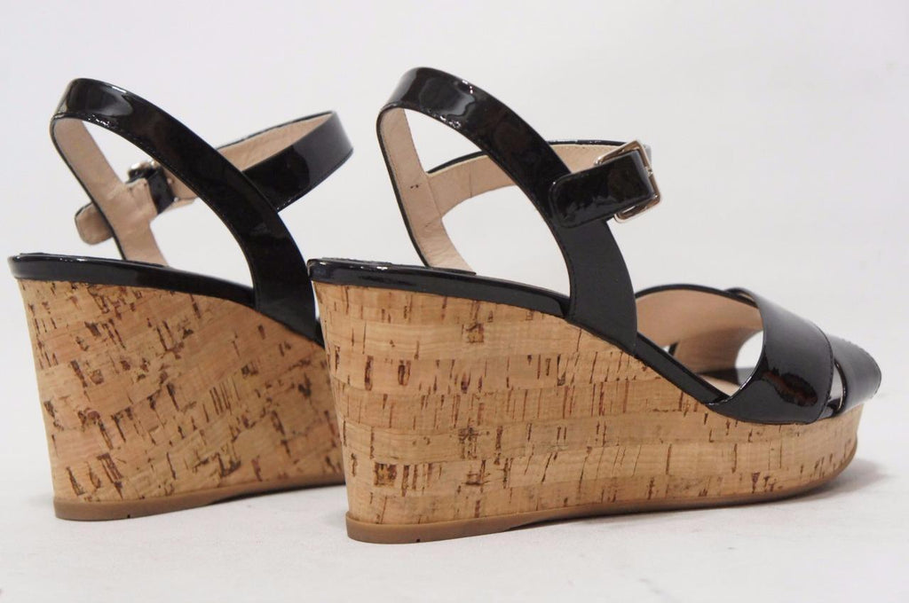 PRADA VERNICE CORK WEDGE HEEL PATENT SANDALS