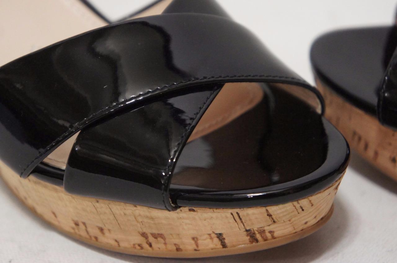 PRADA VERNICE CORK WEDGE HEEL PATENT SANDALS