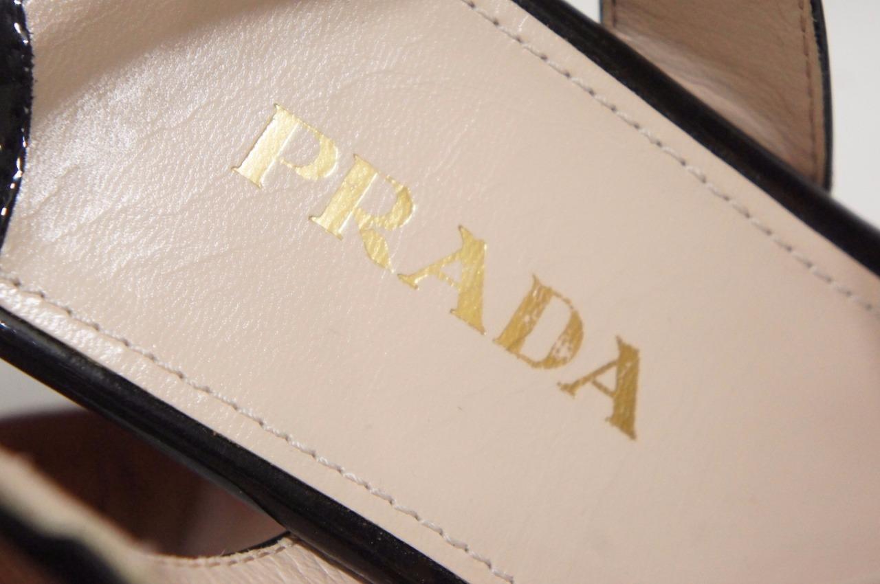 PRADA VERNICE CORK WEDGE HEEL PATENT SANDALS
