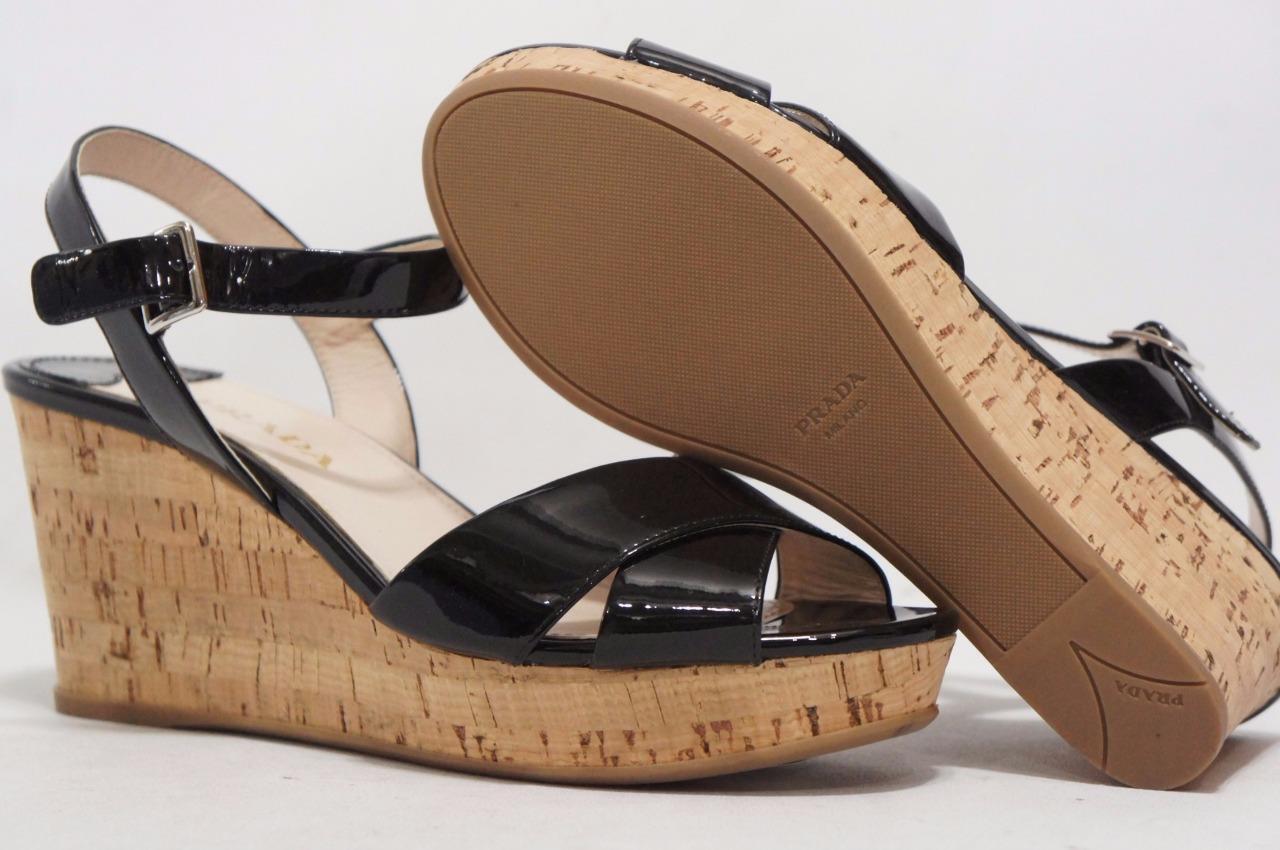 PRADA VERNICE CORK WEDGE HEEL PATENT SANDALS