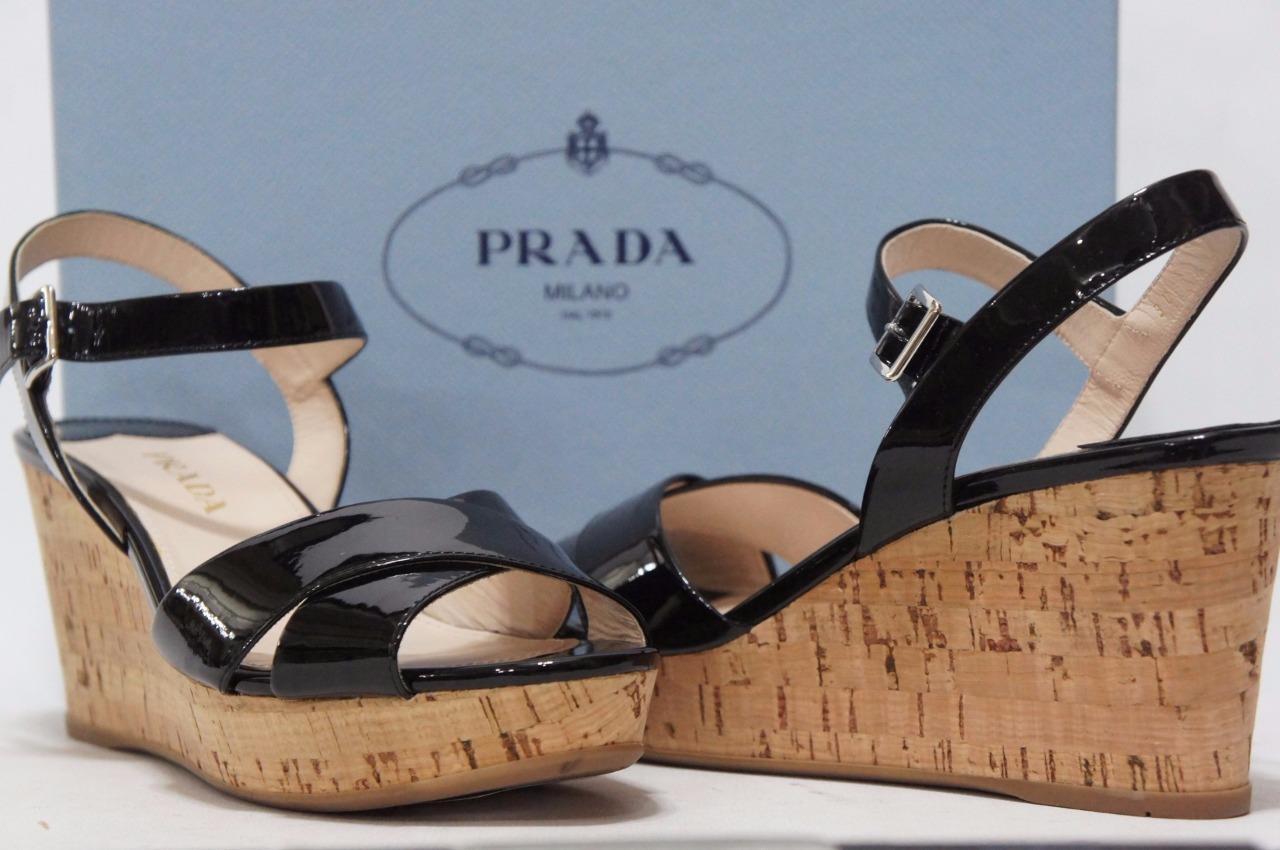 PRADA VERNICE CORK WEDGE HEEL PATENT SANDALS