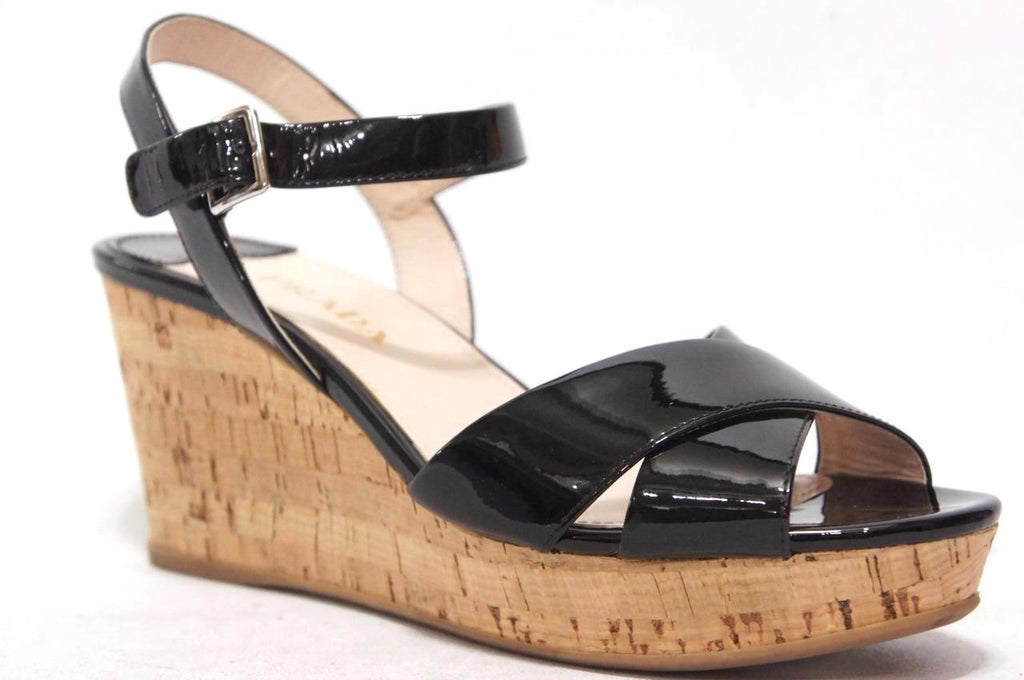 PRADA VERNICE CORK WEDGE HEEL PATENT SANDALS